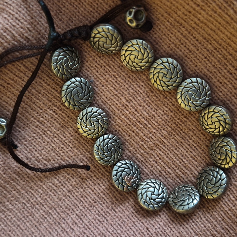 Bohemian Silver Etched Beaded Round Disc Adjustable Cord Bracelet